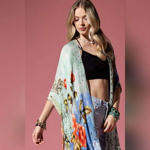 Floral Print Lightweight Kimono - Watercolor Effect Background - Soft & Silky - Picture 8 of 8